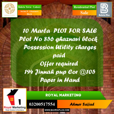 10 Marla Residential Plot for Sale in Sector F - Ghaznavi Block -  Bahria Town, Lahore - (BP-261554)