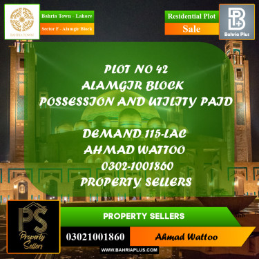10 Marla Residential Plot for Sale in Sector F - Alamgir Block -  Bahria Town, Lahore - (BP-261667)