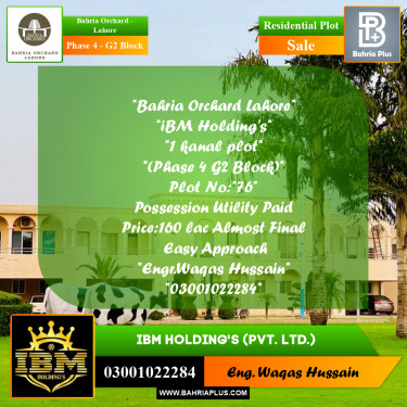 20 Marla Residential Plot for Sale in Phase 4 - G2 Block -  Bahria Orchard, Lahore - (BP-261973)