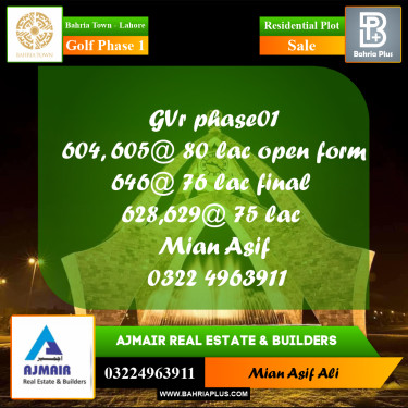 Residential Plot for Sale in Golf Phase 1 -  Bahria Town, Lahore - (BP-262127)