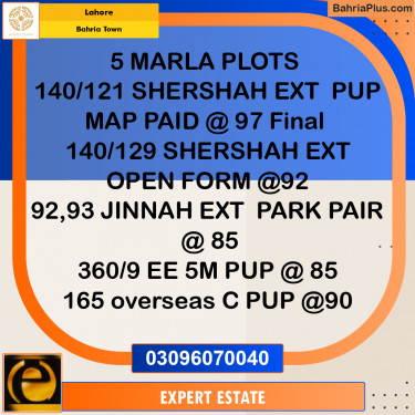5 Marla Residential Plot for Sale in Bahria Town, Lahore - (BP-262492)