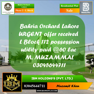 5 Marla Residential Plot for Sale in Phase 2 - L Block -  Bahria Orchard, Lahore - (BP-262816)