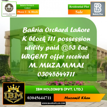 5 Marla Residential Plot for Sale in Phase 2 - K Block -  Bahria Orchard, Lahore - (BP-262820)