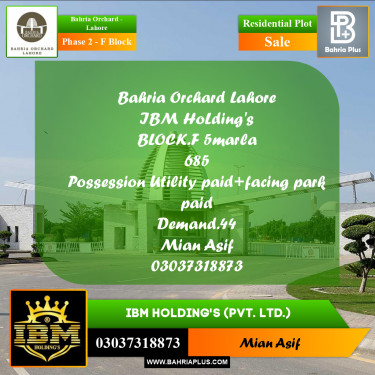 5 Marla Residential Plot for Sale in Phase 2 - F Block -  Bahria Orchard, Lahore - (BP-262840)