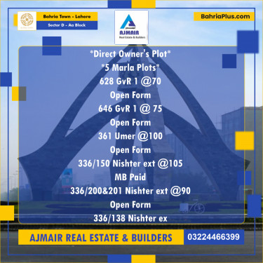 5 Marla Residential Plot for Sale in Sector D - AA Block -  Bahria Town, Lahore - (BP-263612)