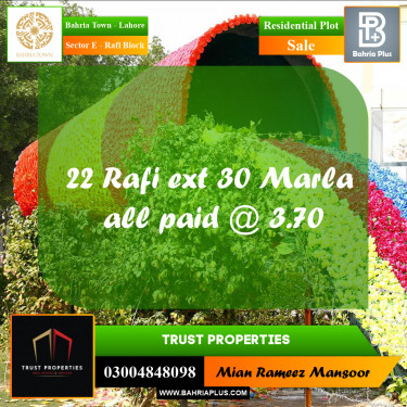 30 Marla Residential Plot for Sale in Sector E - Rafi Block -  Bahria Town, Lahore - (BP-263756)
