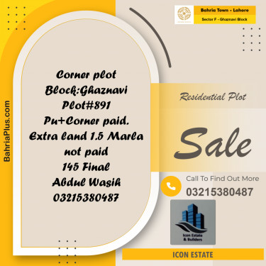 11.5 Marla Residential Plot for Sale in Sector F - Ghaznavi Block -  Bahria Town, Lahore - (BP-263792)