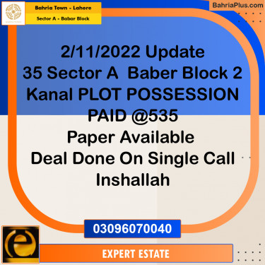 2 Kanal Residential Plot for Sale in Sector A - Babar Block -  Bahria Town, Lahore - (BP-263803)