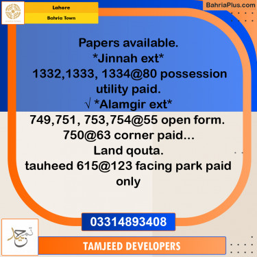Residential Plot for Sale in Bahria Town, Lahore - (BP-263956)