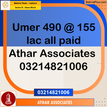 8 Marla Residential Plot for Sale in Sector B - Umer Block -  Bahria Town, Lahore - (BP-264101)
