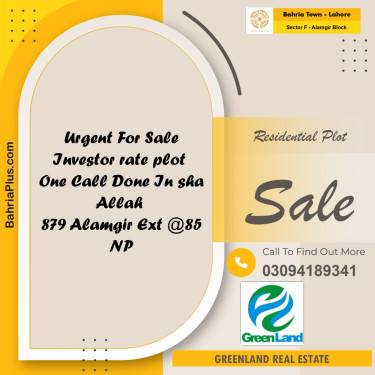 10 Marla Residential Plot for Sale in Sector F - Alamgir Block -  Bahria Town, Lahore - (BP-264211)