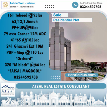 10 Marla Residential Plot for Sale in Sector F - Tauheed Block -  Bahria Town, Lahore - (BP-264317)