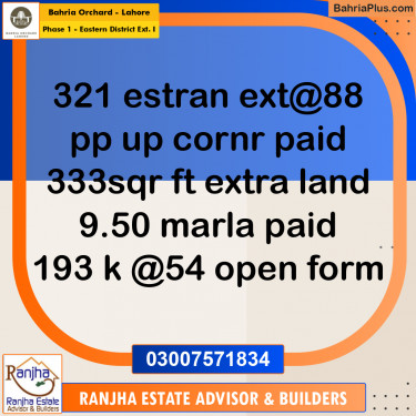 9.5 Marla Residential Plot for Sale in Phase 1 - Eastern District Ext. I -  Bahria Orchard, Lahore - (BP-264489)
