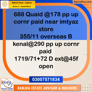 10 Marla Residential Plot for Sale in Sector E - Quaid Block -  Bahria Town, Lahore - (BP-264533)