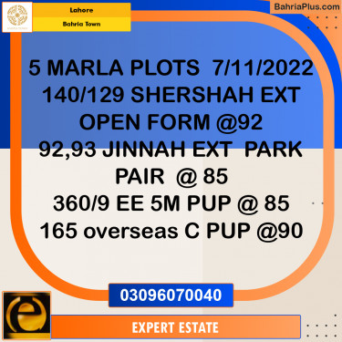 5 Marla Residential Plot for Sale in Bahria Town, Lahore - (BP-264637)