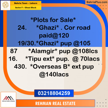 10 Marla Residential Plot for Sale in Sector F - Ghazi Block -  Bahria Town, Lahore - (BP-264900)