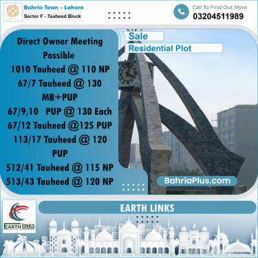10 Marla Residential Plot for Sale in Sector F - Tauheed Block -  Bahria Town, Lahore - (BP-264936)
