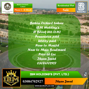 8 Marla Residential Plot for Sale in Phase 2 - H Block -  Bahria Orchard, Lahore - (BP-265210)