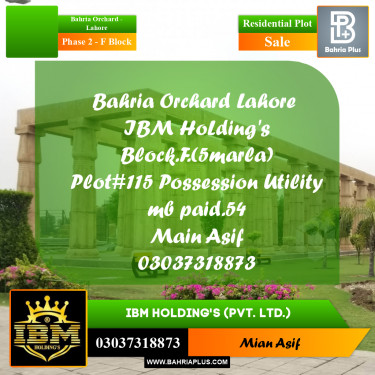 5 Marla Residential Plot for Sale in Phase 2 - F Block -  Bahria Orchard, Lahore - (BP-265317)