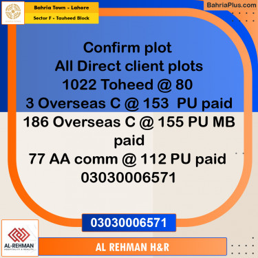 10 Marla Residential Plot for Sale in Sector F - Tauheed Block -  Bahria Town, Lahore - (BP-265423)