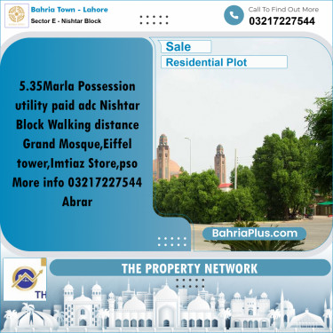 5.35 Marla Residential Plot for Sale in Sector E - Nishtar Block -  Bahria Town, Lahore - (BP-265592)