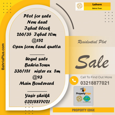 Residential Plot for Sale in Bahria Town, Lahore - (BP-265631)