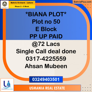 8 Marla Residential Plot for Sale in Phase 2 - E Block -  Bahria Orchard, Lahore - (BP-265798)