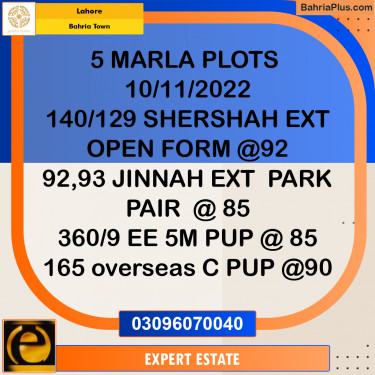 5 Marla Residential Plot for Sale in Bahria Town, Lahore - (BP-266171)