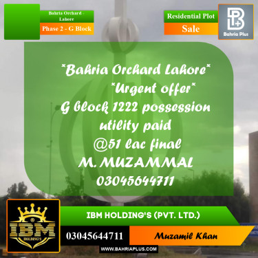 5 Marla Residential Plot for Sale in Phase 2 - G Block -  Bahria Orchard, Lahore - (BP-266308)
