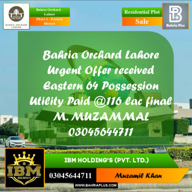 10 Marla Residential Plot for Sale in Phase 1 - Eastern District -  Bahria Orchard, Lahore - (BP-266484)