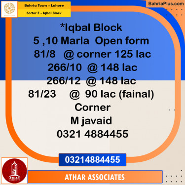 Residential Plot for Sale in Sector E - Iqbal Block -  Bahria Town, Lahore - (BP-266559)