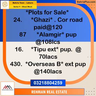 10 Marla Residential Plot for Sale in Sector F - Ghazi Block -  Bahria Town, Lahore - (BP-266633)