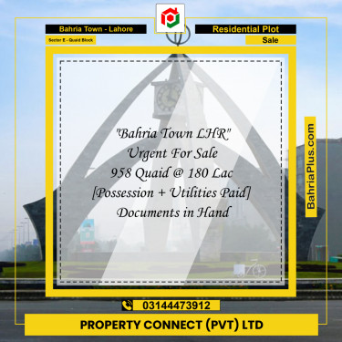 10 Marla Residential Plot for Sale in Sector E - Quaid Block -  Bahria Town, Lahore - (BP-266967)