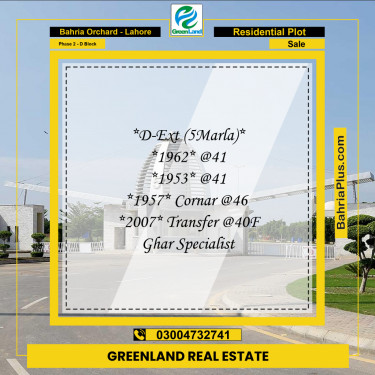5 Marla Residential Plot for Sale in Phase 2 - D Block -  Bahria Orchard, Lahore - (BP-267148)