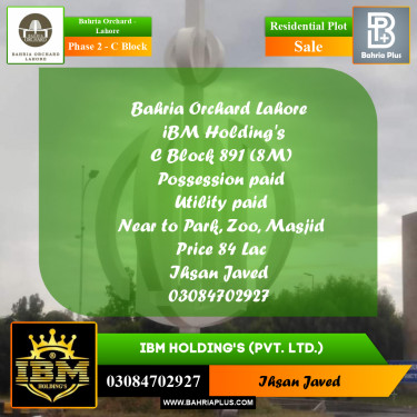8 Marla Residential Plot for Sale in Phase 2 - C Block -  Bahria Orchard, Lahore - (BP-267251)