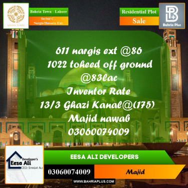 Residential Plot for Sale in Sector C - Nargis/Hussain Ext. -  Bahria Town, Lahore - (BP-267309)