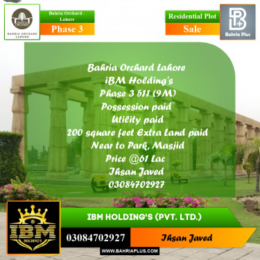 9 Marla Residential Plot for Sale in Phase 3 -  Bahria Orchard, Lahore - (BP-267426)