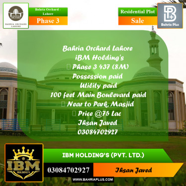 8 Marla Residential Plot for Sale in Phase 3 -  Bahria Orchard, Lahore - (BP-267429)