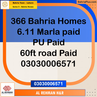 6 Marla Residential Plot for Sale in Sector E - Bahria Homes -  Bahria Town, Lahore - (BP-267430)