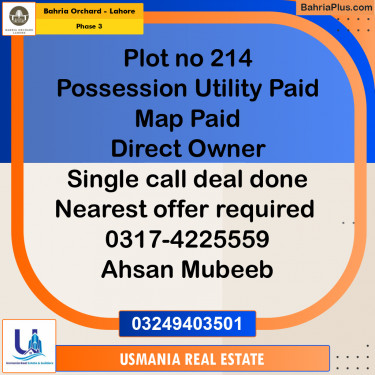 8 Marla Residential Plot for Sale in Phase 3 -  Bahria Orchard, Lahore - (BP-267436)