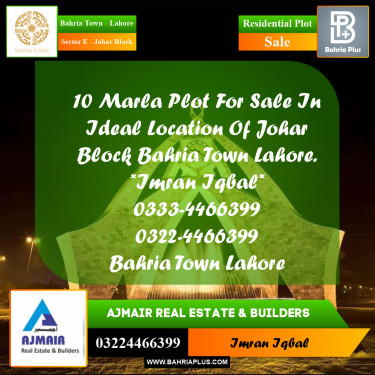 10 Marla Residential Plot for Sale in Sector E - Johar Block -  Bahria Town, Lahore - (BP-267445)
