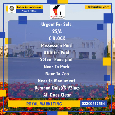 8 Marla Residential Plot for Sale in Phase 2 - C Block -  Bahria Orchard, Lahore - (BP-267808)