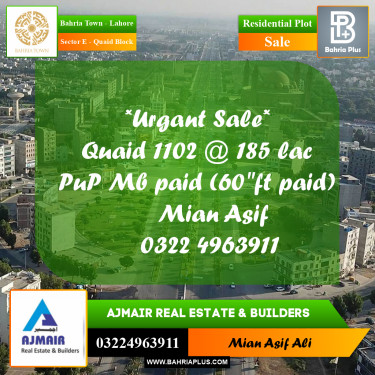 Residential Plot for Sale in Sector E - Quaid Block -  Bahria Town, Lahore - (BP-267895)