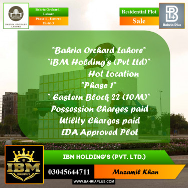 10 Marla Residential Plot for Sale in Phase 1 - Eastern District -  Bahria Orchard, Lahore - (BP-267987)