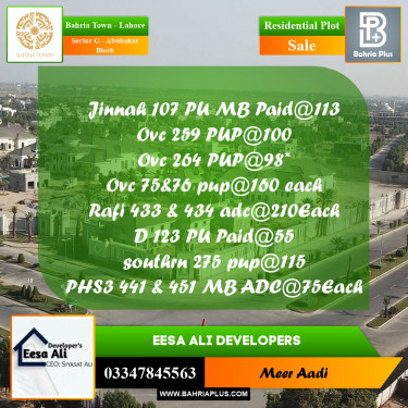 10 Marla Residential Plot for Sale in Sector G - Abubakar Block -  Bahria Town, Lahore - (BP-268010)
