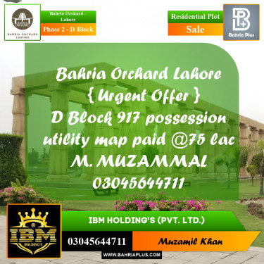 8 Marla Residential Plot for Sale in Phase 2 - D Block -  Bahria Orchard, Lahore - (BP-268383)