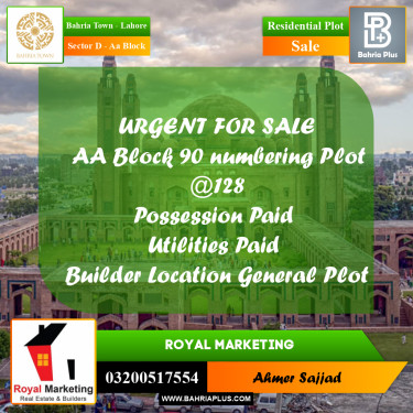 Residential Plot for Sale in Sector D - AA Block -  Bahria Town, Lahore - (BP-268520)