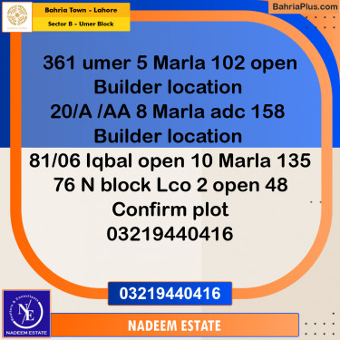 Residential Plot for Sale in Sector B - Umer Block -  Bahria Town, Lahore - (BP-268550)