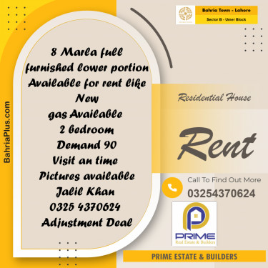 8 Marla Residential House for Rent in Sector B - Umer Block -  Bahria Town, Lahore - (BP-268732)