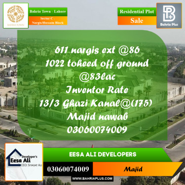 Residential Plot for Sale in Sector C - Nargis/Hussain Block -  Bahria Town, Lahore - (BP-268981)